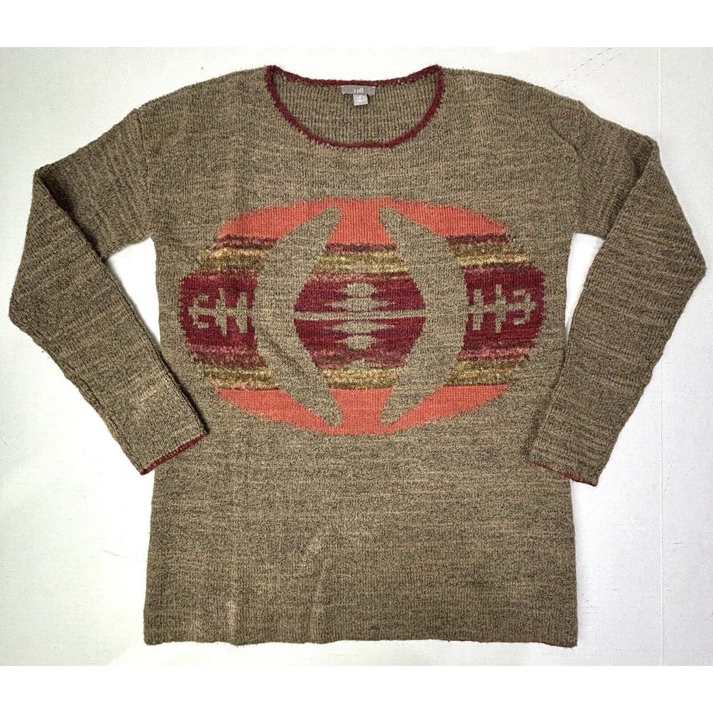 J Jill Wool Aztec Sweater Pullover Western Womens Petite Small Crew Brown EUC